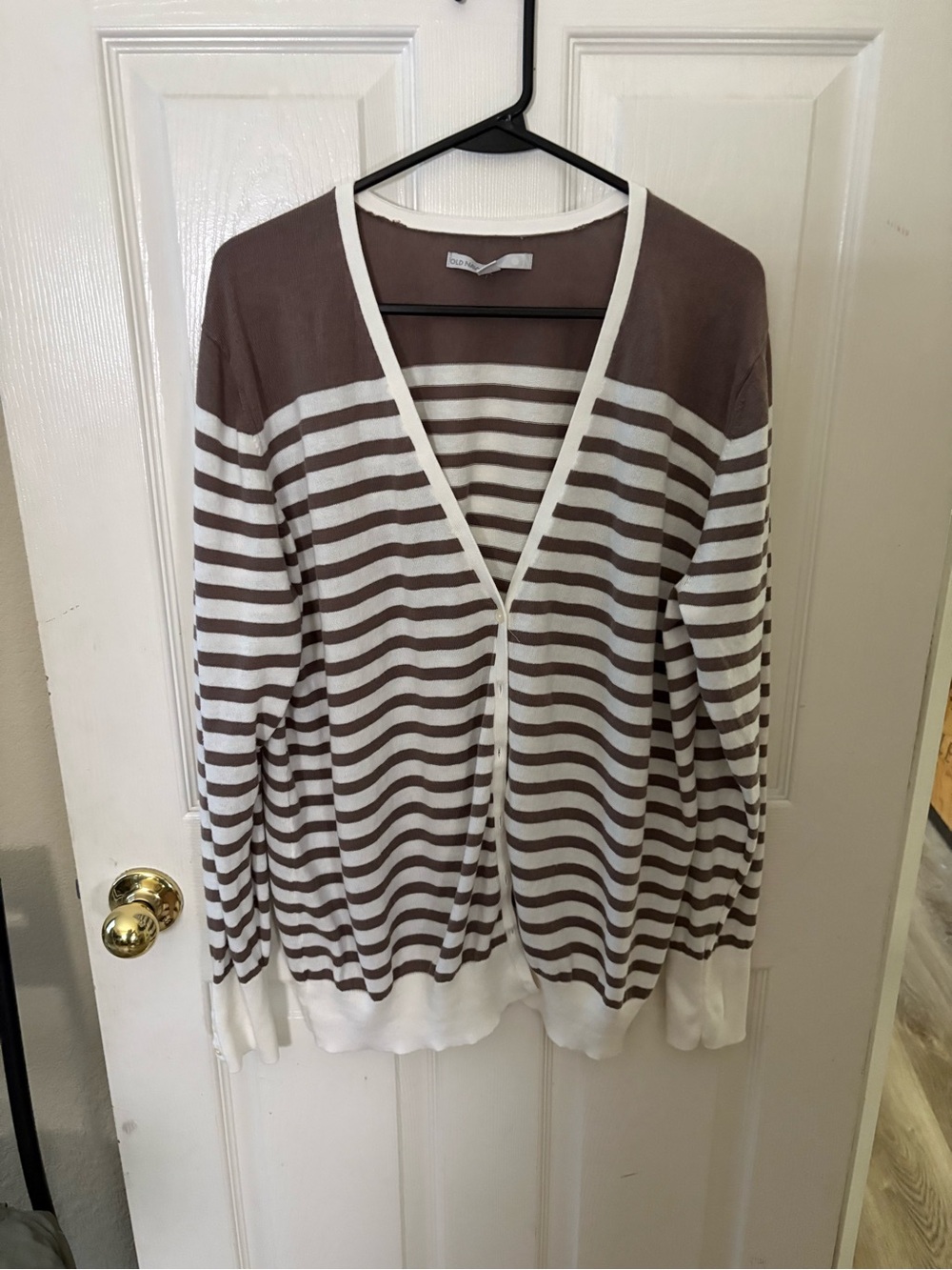 Old Navy Cream and Brown Striped V-Neck Cardigan